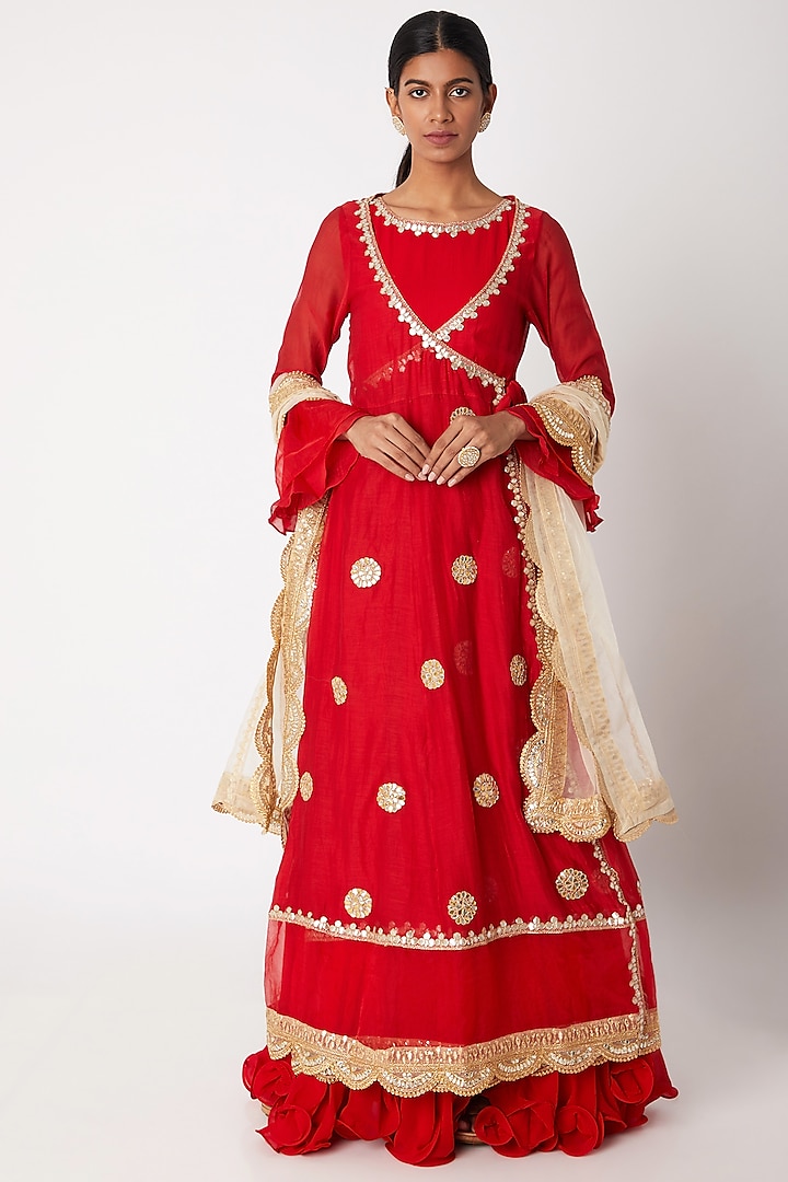 Red Embroidered Anarkali With Angrakha & Dupatta by Aksh