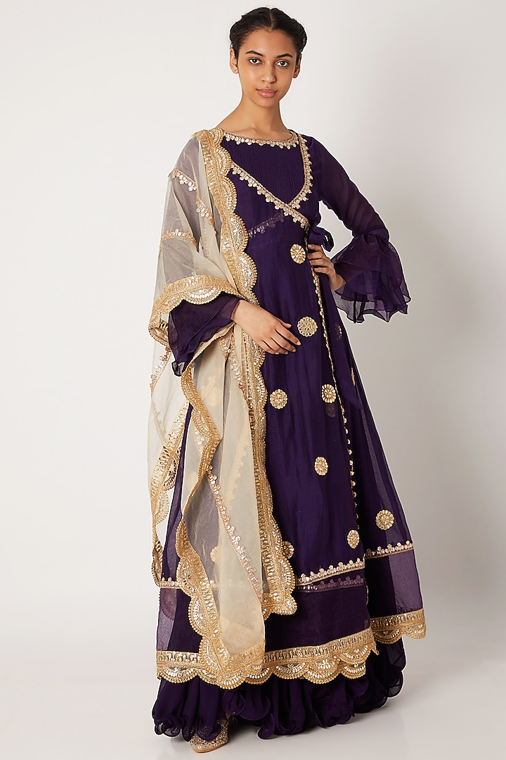 Purple Embroidered Anarkali With Angrakha & Dupatta by Aksh