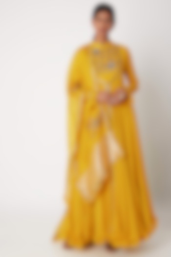 Mustard Yellow Embroidered Anarkali With Jacket & Dupatta by Aksh