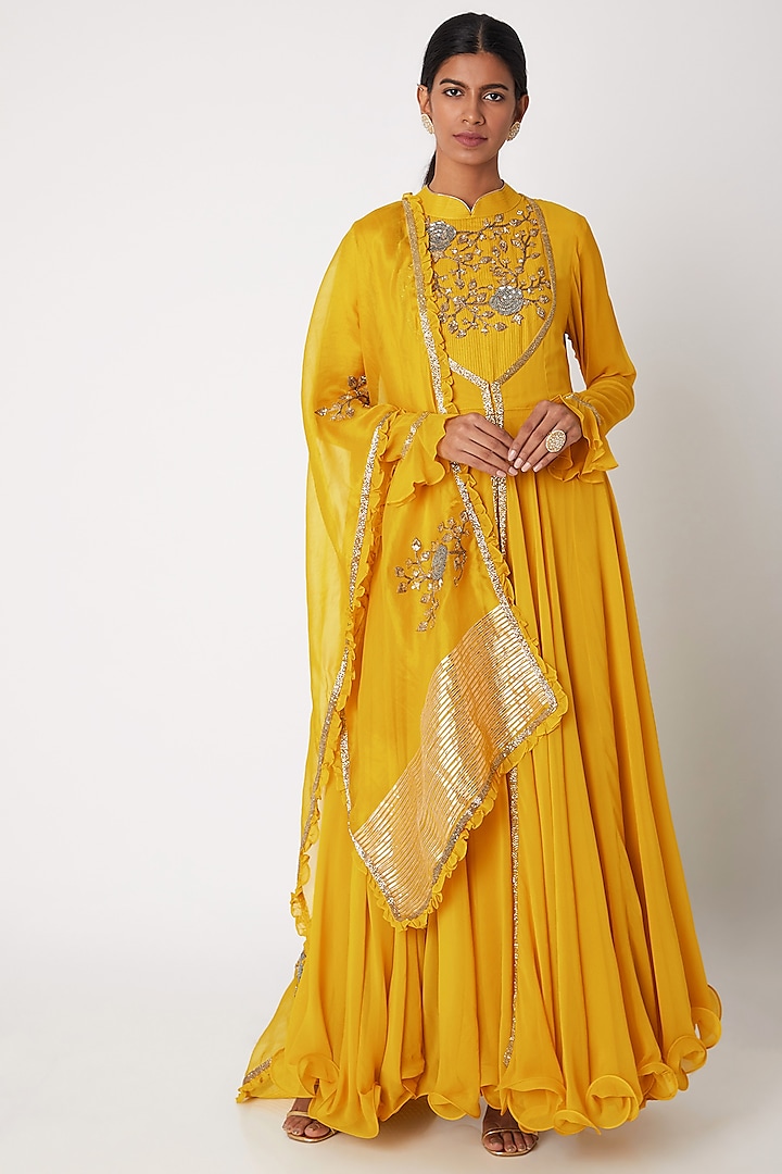 Mustard Yellow Embroidered Anarkali With Jacket & Dupatta Design by ...