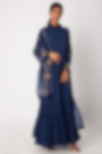 Blue Embroidered Anarkali With Dupatta by Aksh