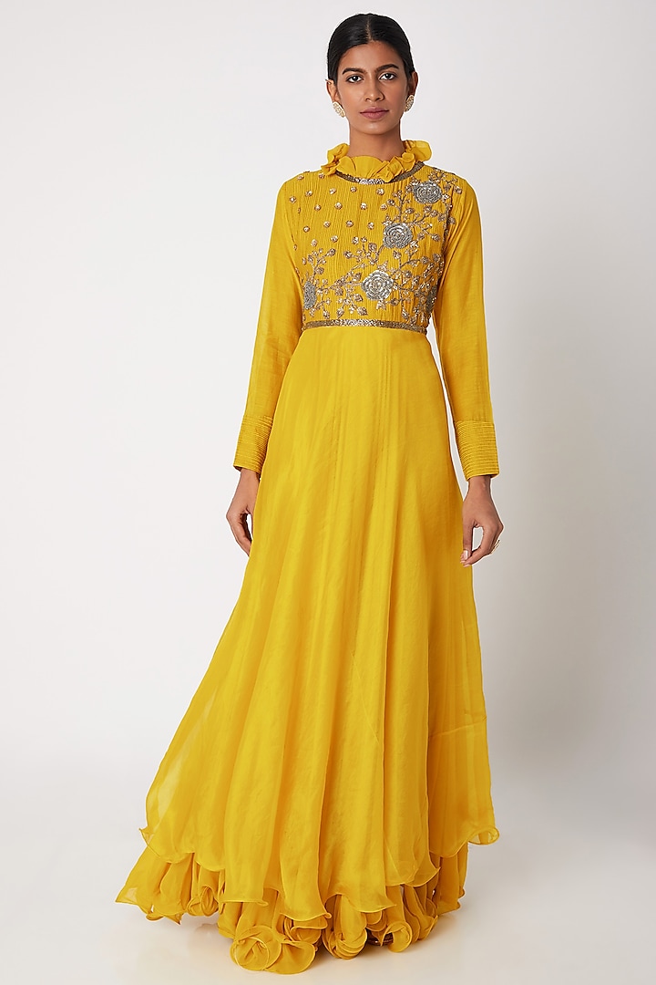 Mustard Yellow Embroidered Anarkali by Aksh