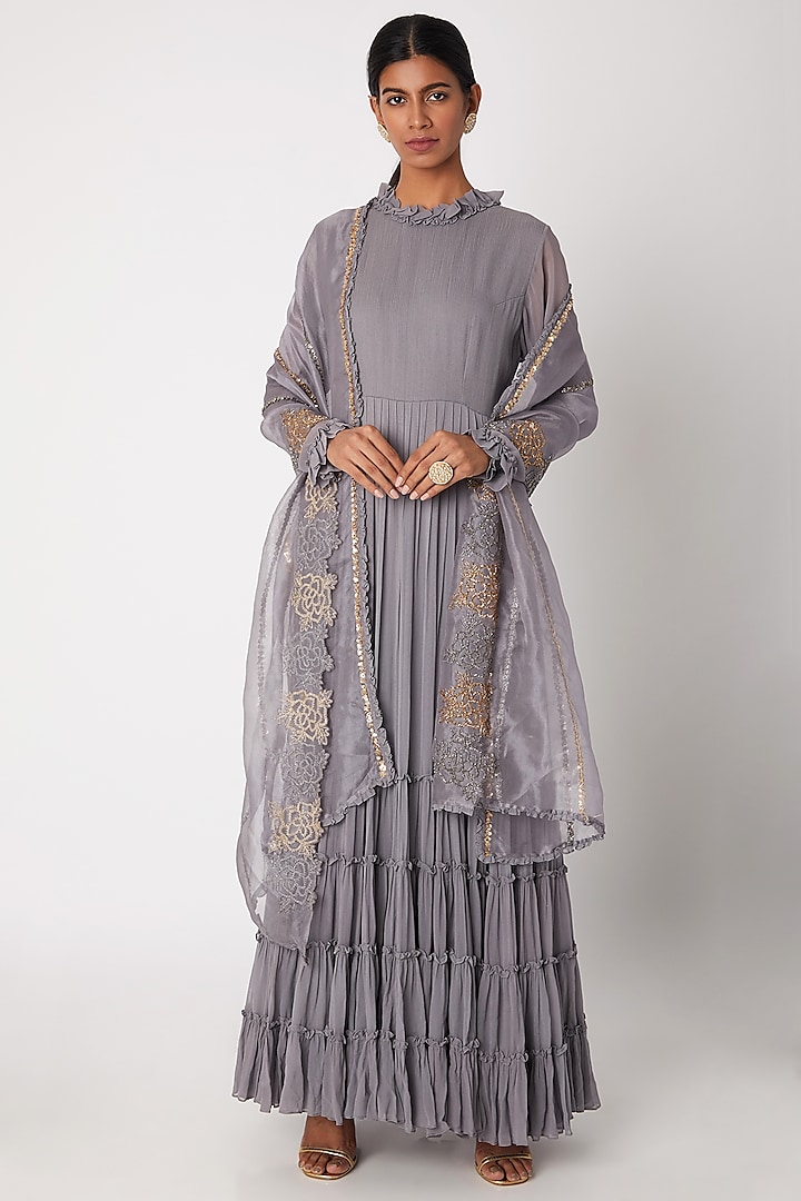 Grey Embroidered Layered Anarkali With Dupatta by Aksh