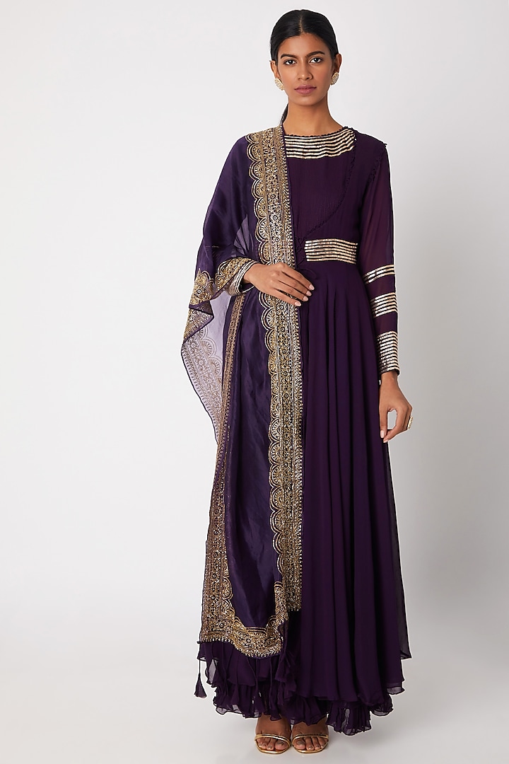 Purple Embroidered Anarkali With Jacket & Dupatta by Aksh