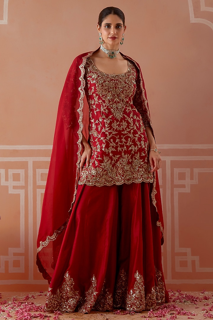 Red Silk Hand Embroidered Wedding Sharara Set by Akilah at Pernia's Pop Up Shop