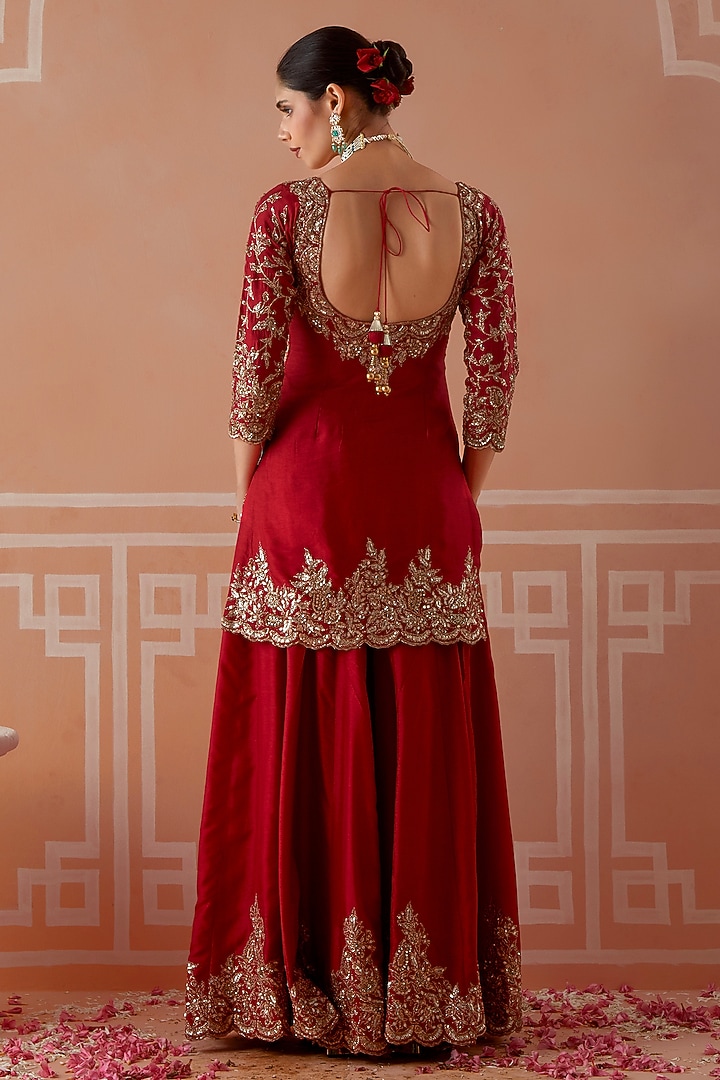 Red Silk Hand Embroidered Wedding Sharara Set by Akilah at Pernia's Pop Up Shop