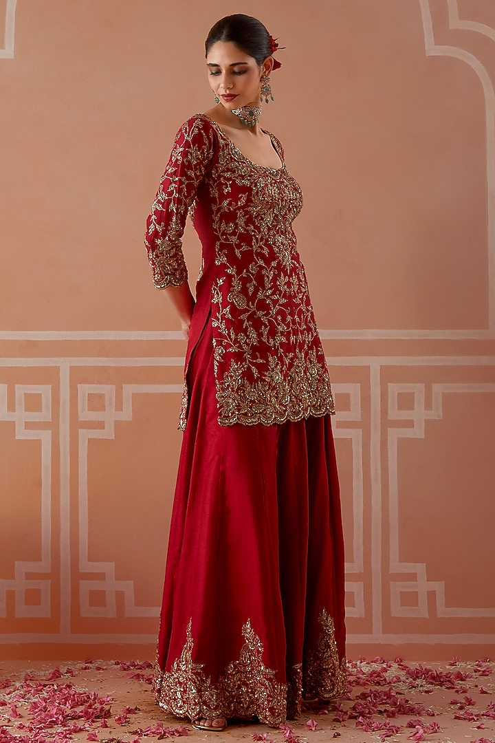 Red Silk Hand Embroidered Wedding Sharara Set by Akilah at Pernia's Pop Up Shop