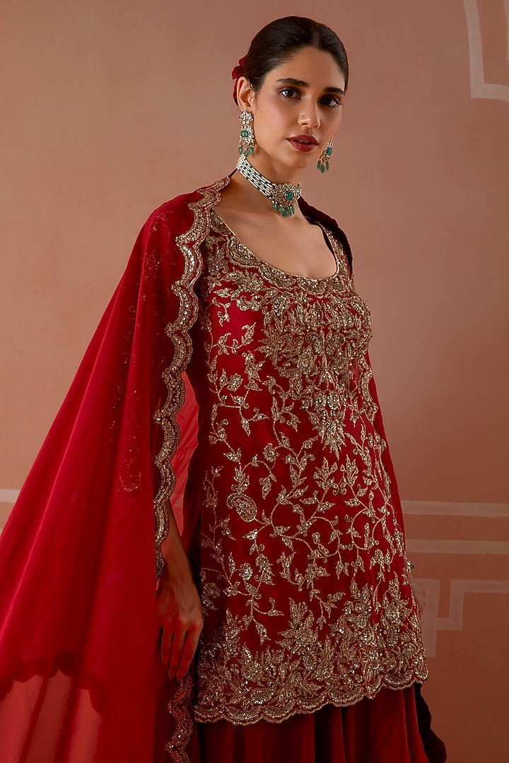 Red Silk Hand Embroidered Wedding Sharara Set by Akilah at Pernia's Pop Up Shop
