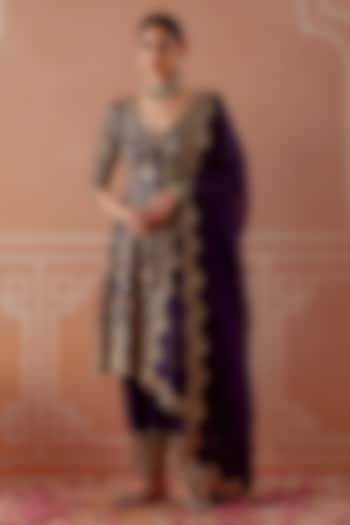 Purple Silk Badla & Sequin Embroidered Short Wedding Anarkali Set by Akilah at Pernia's Pop Up Shop