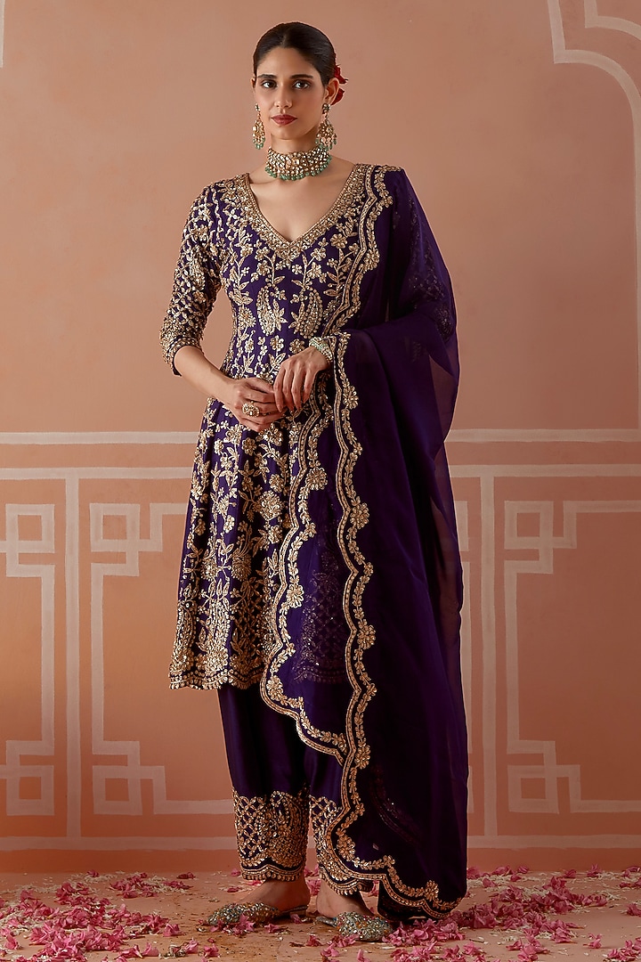 Purple Silk Badla & Sequin Embroidered Short Wedding Anarkali Set by Akilah at Pernia's Pop Up Shop