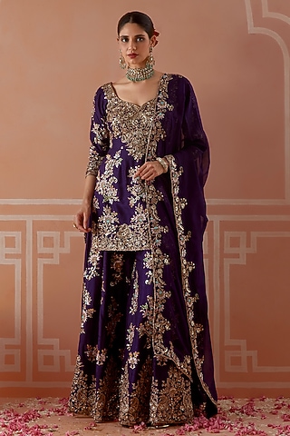 Purple Silk Embellished Sharara Set by Akilah