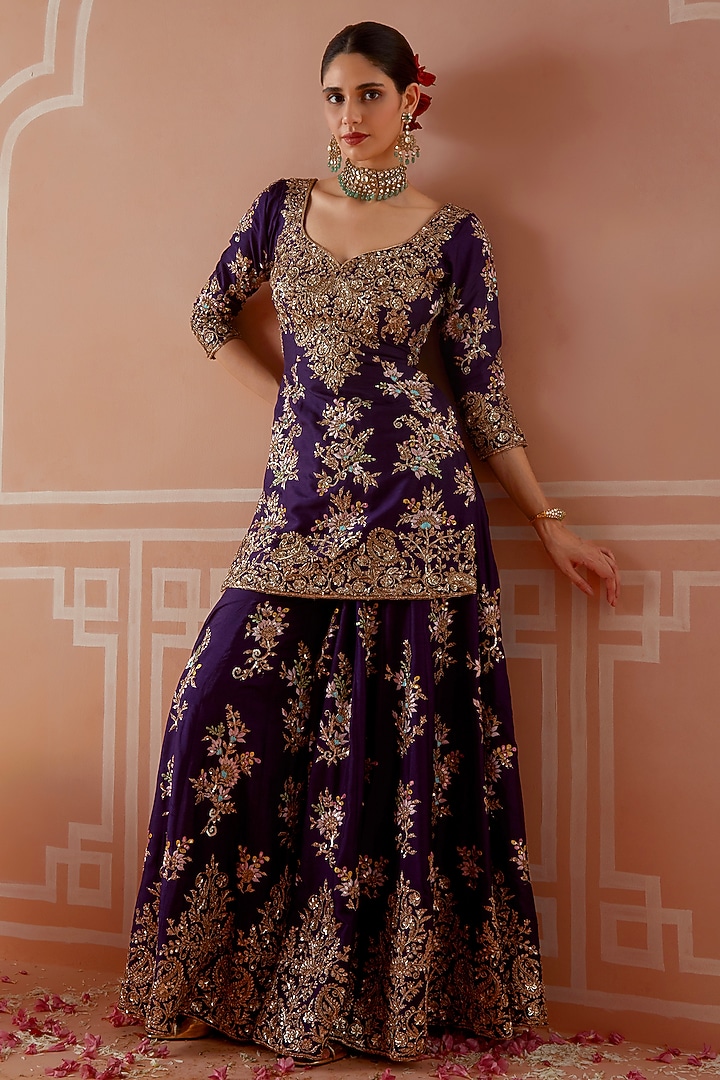 Purple Silk Embellished Wedding Sharara Set by Akilah at Pernia's Pop Up Shop