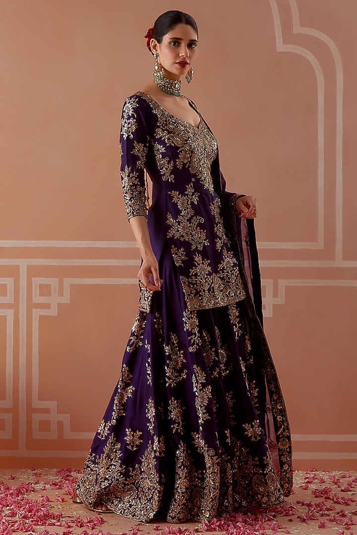 Purple Silk Embellished Wedding Sharara Set by Akilah at Pernia's Pop Up Shop