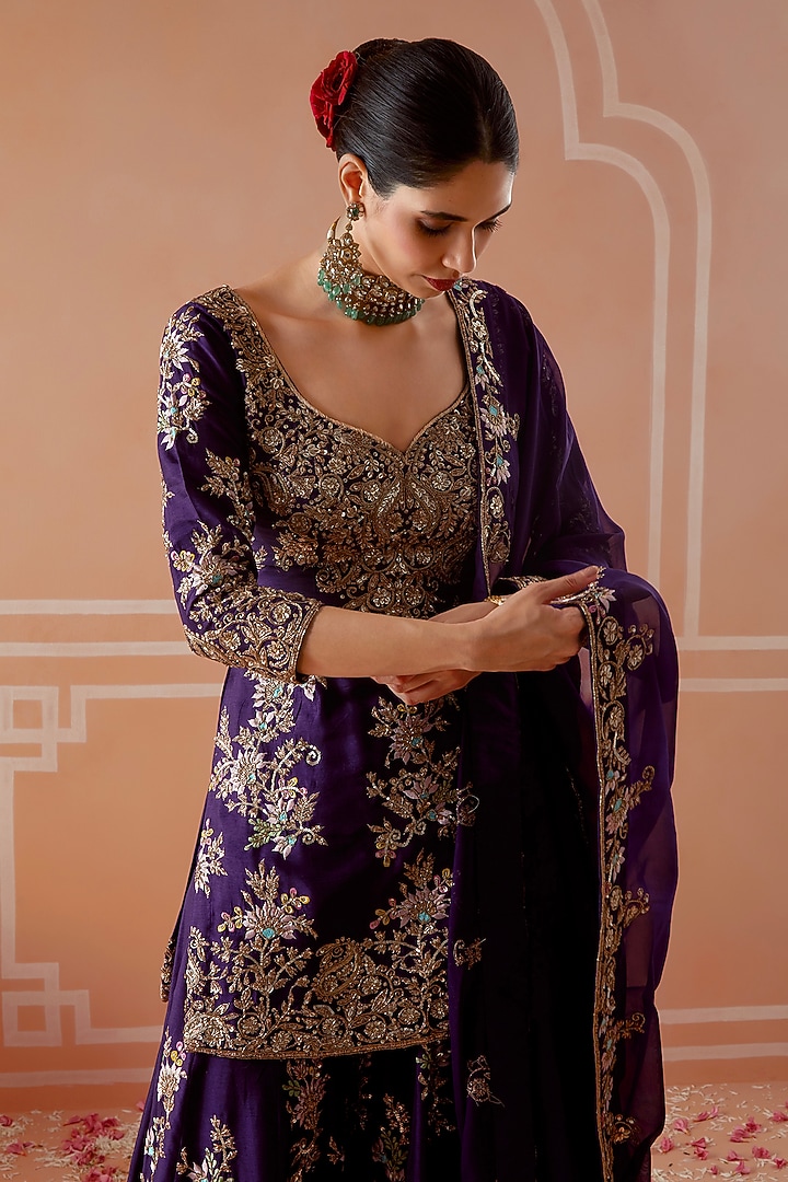 Purple Silk Embellished Wedding Sharara Set by Akilah at Pernia's Pop Up Shop