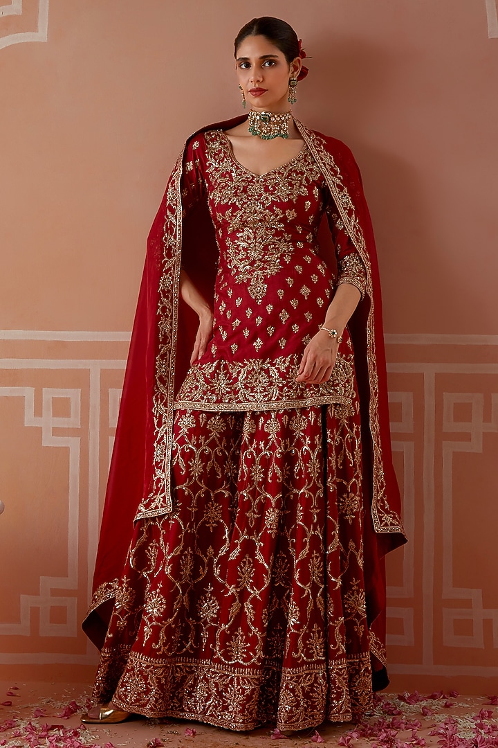 Red Silk Zardosi Embroidered Kalidar Wedding Sharara Set by Akilah at Pernia's Pop Up Shop
