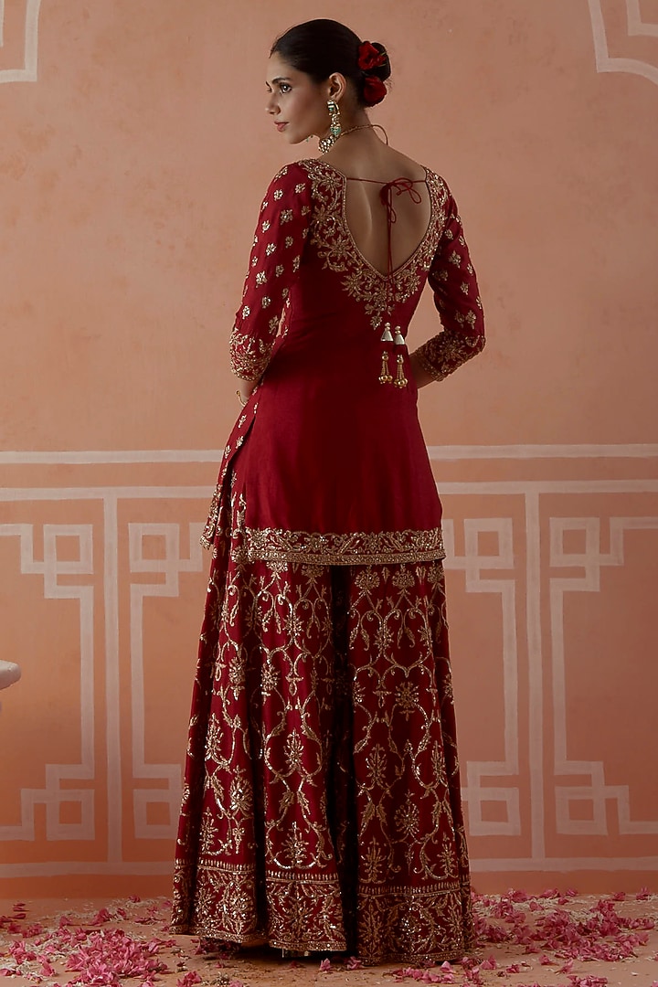 Red Silk Zardosi Embroidered Kalidar Wedding Sharara Set by Akilah at Pernia's Pop Up Shop