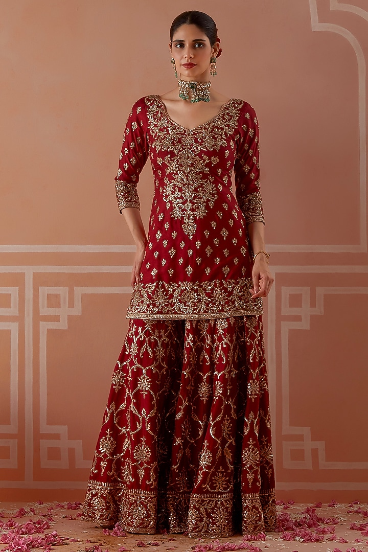 Red Silk Zardosi Embroidered Kalidar Wedding Sharara Set by Akilah at Pernia's Pop Up Shop