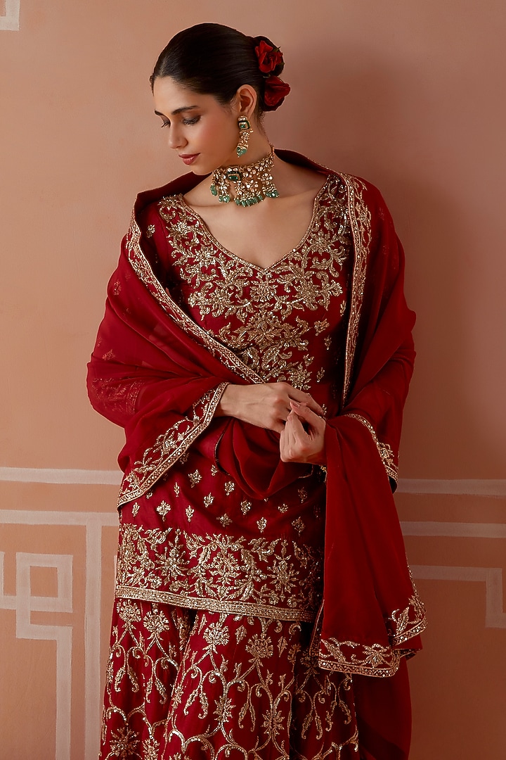 Red Silk Zardosi Embroidered Kalidar Wedding Sharara Set by Akilah at Pernia's Pop Up Shop
