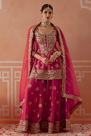 Rani Pink Tissue Hand Embroidered Sharara Set by Akilah