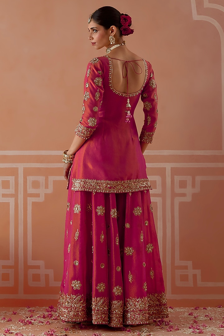 Rani Pink Tissue Hand Embroidered Wedding Sharara Set by Akilah at Pernia's Pop Up Shop