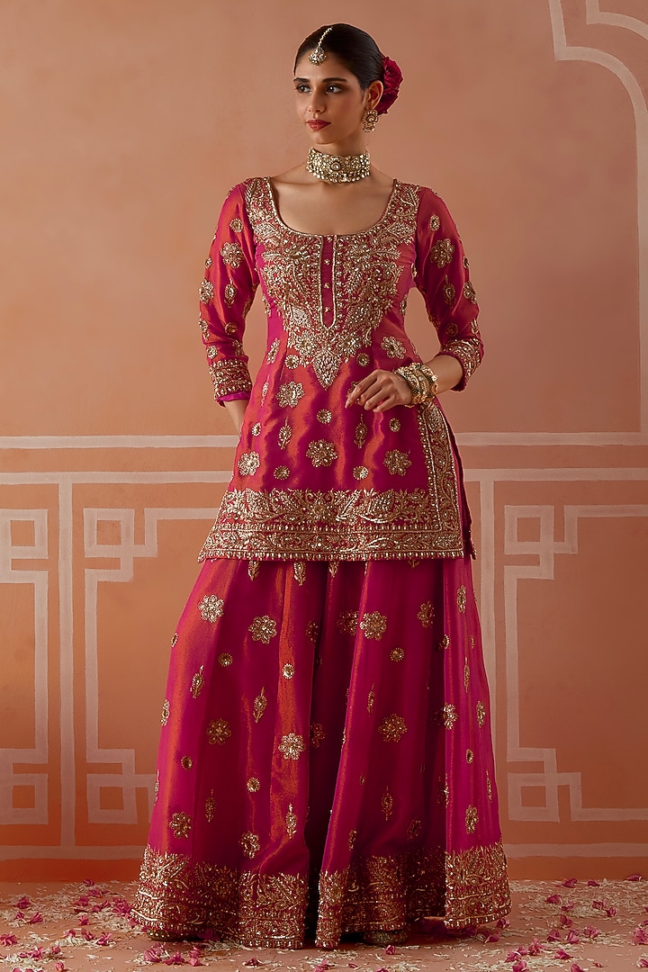 Rani Pink Tissue Hand Embroidered Wedding Sharara Set by Akilah at Pernia's Pop Up Shop
