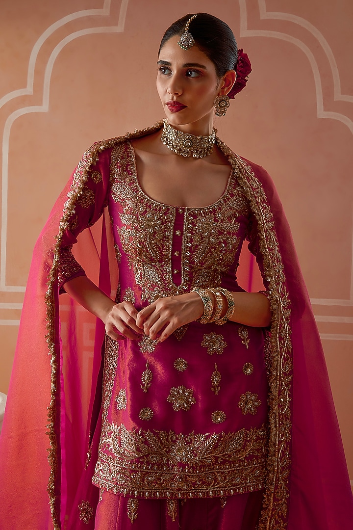 Rani Pink Tissue Hand Embroidered Wedding Sharara Set by Akilah at Pernia's Pop Up Shop