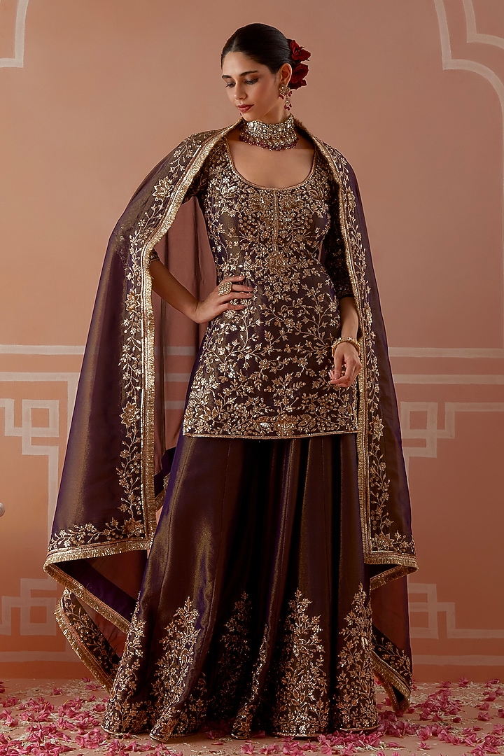 Purple Tissue Floral Embellished Wedding Sharara Set by Akilah at Pernia's Pop Up Shop