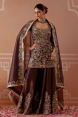 Purple Tissue Floral Embellished Sharara Set by Akilah