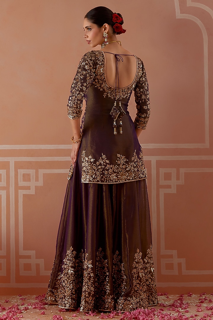 Purple Tissue Floral Embellished Wedding Sharara Set by Akilah at Pernia's Pop Up Shop