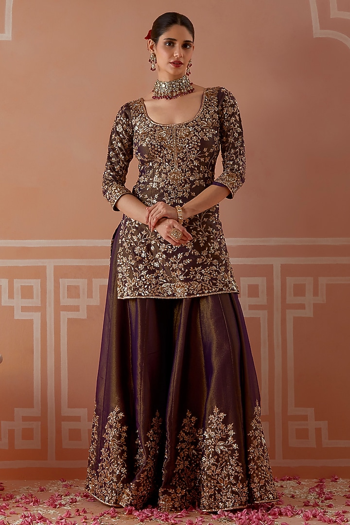 Purple Tissue Floral Embellished Wedding Sharara Set by Akilah at Pernia's Pop Up Shop