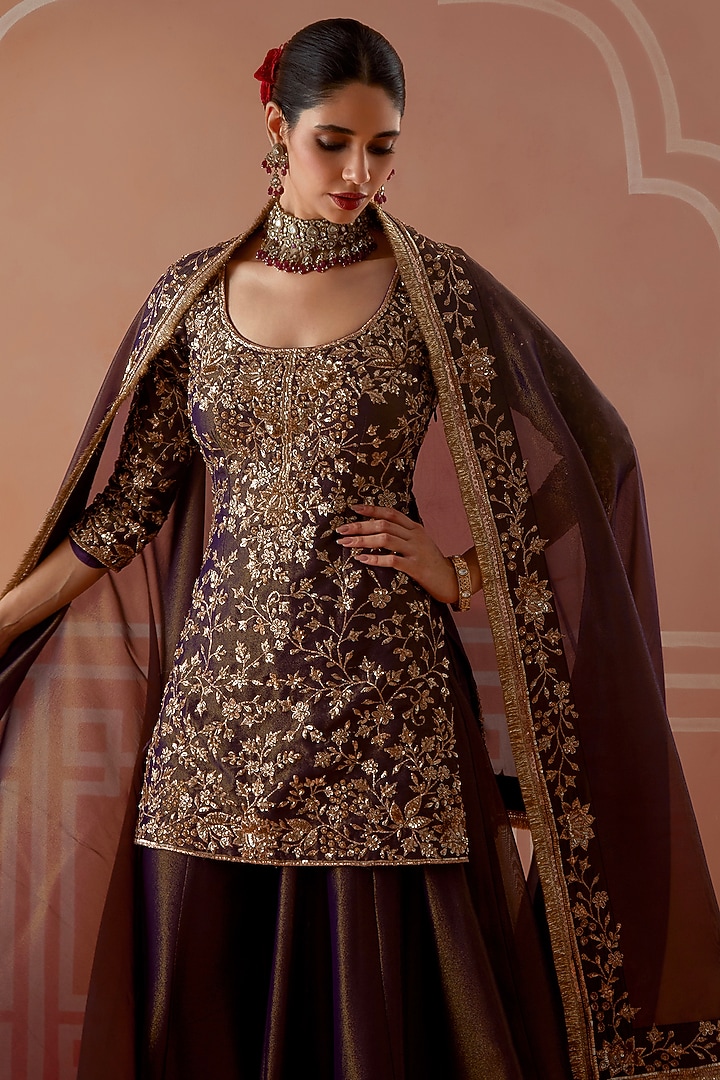 Purple Tissue Floral Embellished Wedding Sharara Set by Akilah at Pernia's Pop Up Shop