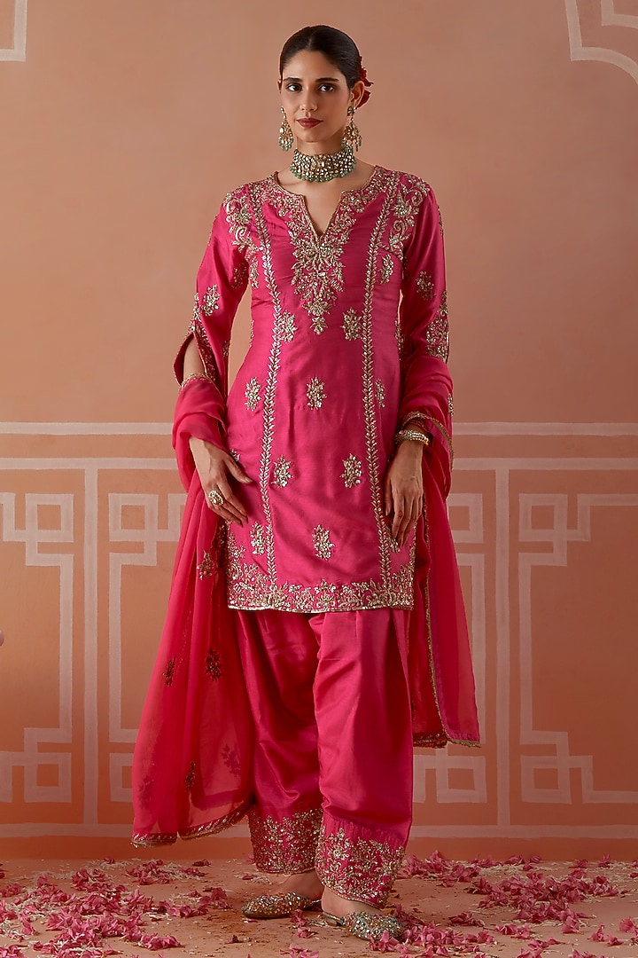 Hot Pink Silk Zardosi Embroidered Kurta Set by Akilah at Pernia's Pop Up Shop