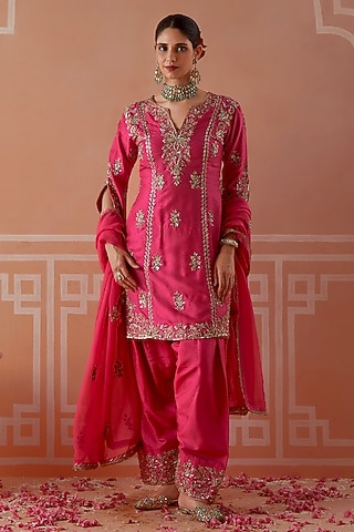 Hot Pink Silk Zardosi Embroidered Kurta Set by Akilah