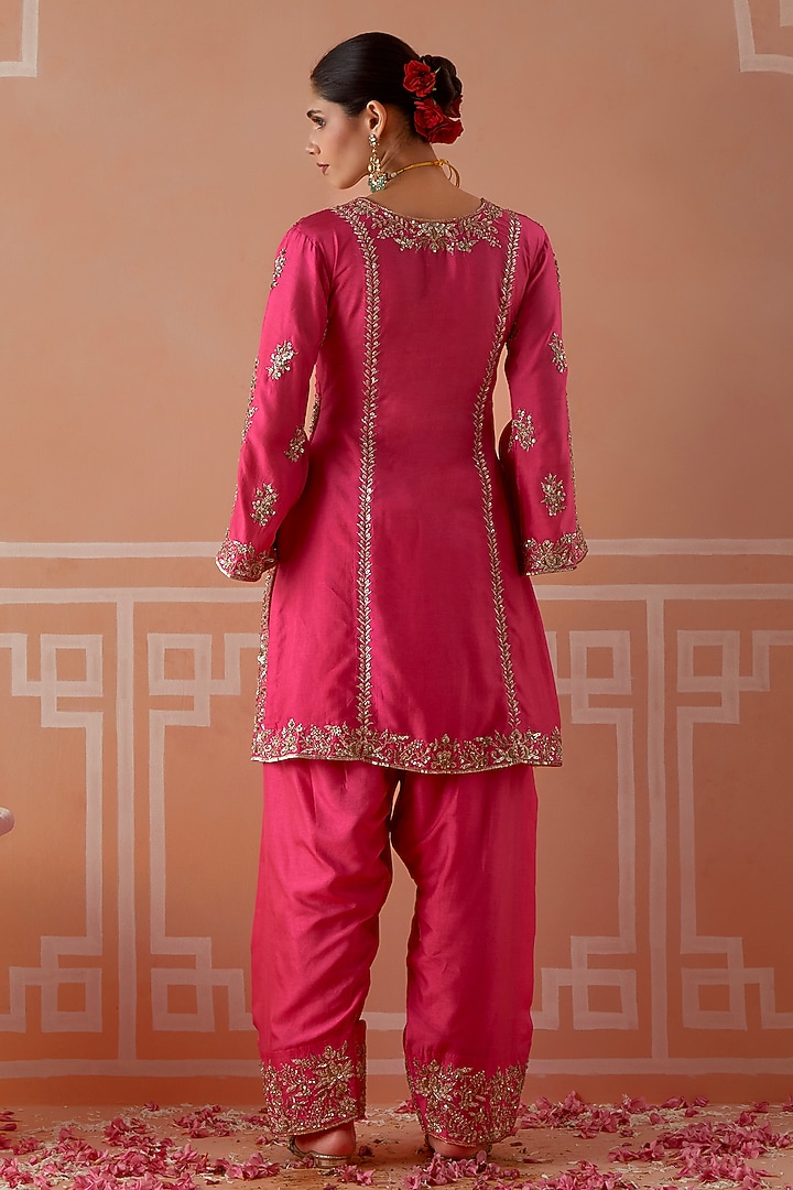Hot Pink Silk Zardosi Embroidered Kurta Set by Akilah at Pernia's Pop Up Shop