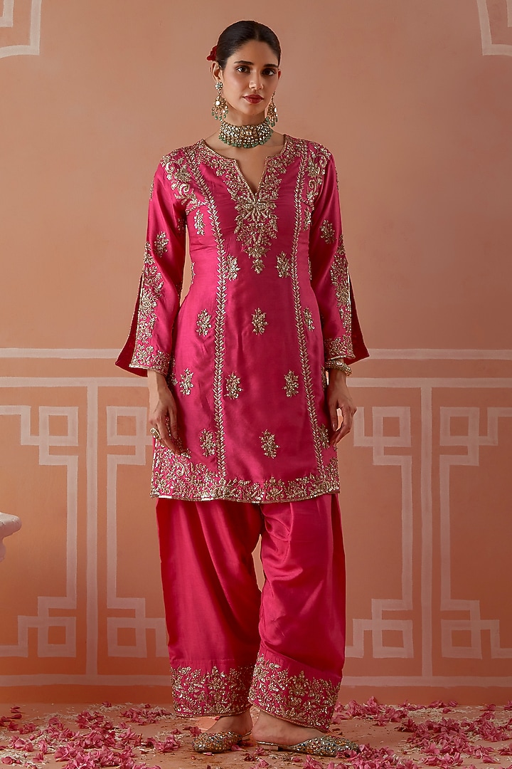 Hot Pink Silk Zardosi Embroidered Kurta Set by Akilah at Pernia's Pop Up Shop