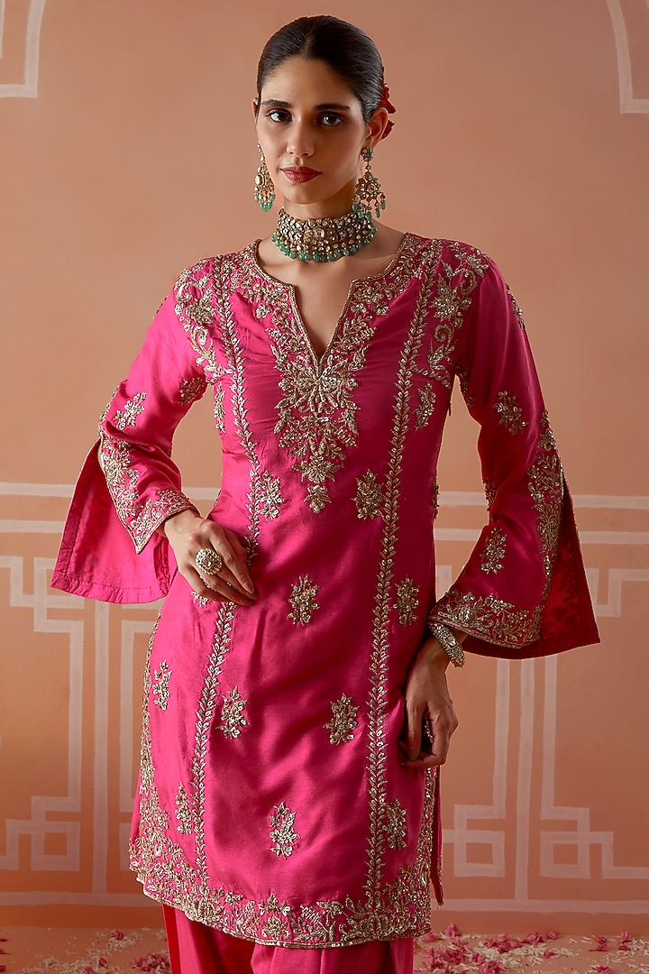 Hot Pink Silk Zardosi Embroidered Kurta Set by Akilah at Pernia's Pop Up Shop