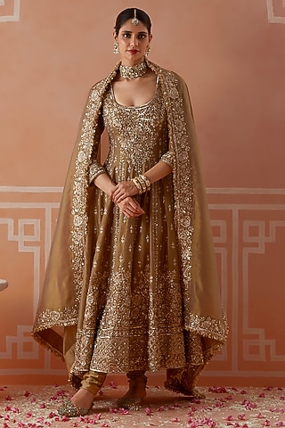 Mouse Brown Tissue Zardosi Embroidered Anarkali Set by Akilah