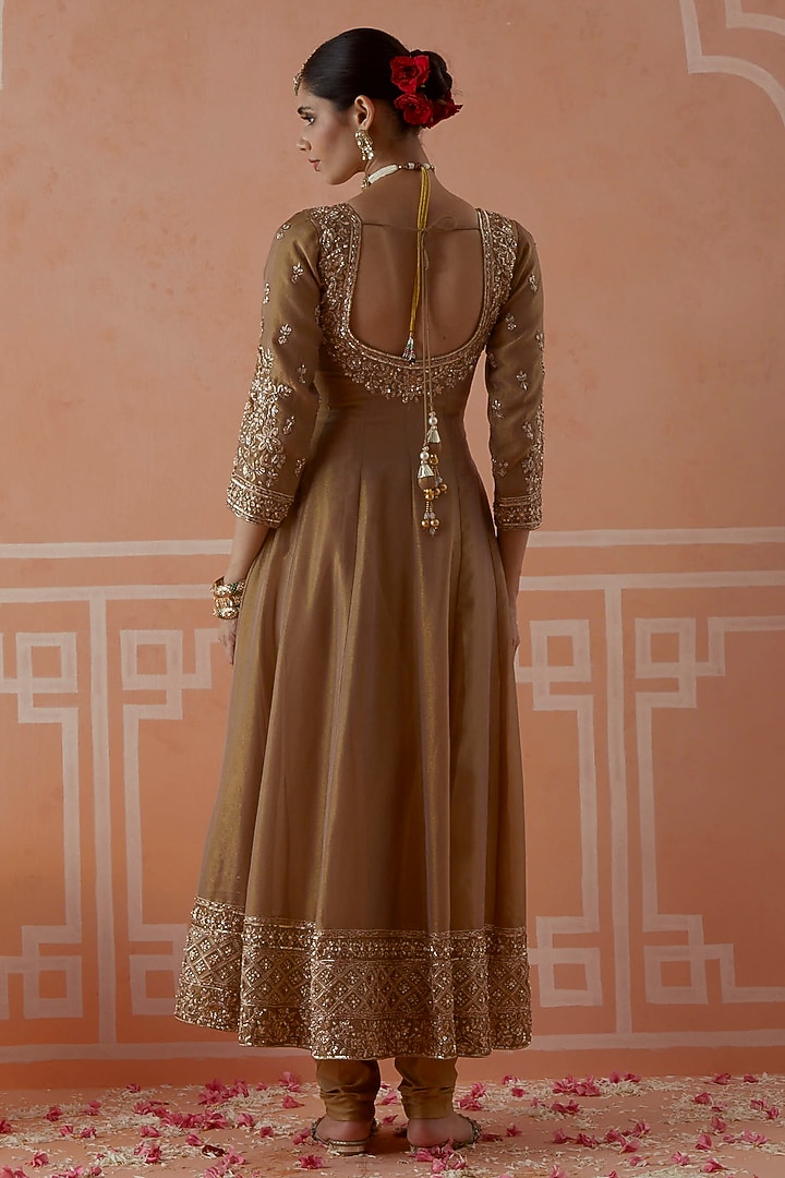 Mouse Brown Tissue Zardosi Embroidered Wedding Anarkali Set by Akilah at Pernia's Pop Up Shop