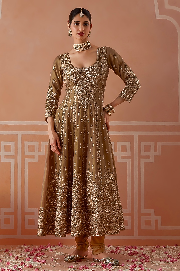 Mouse Brown Tissue Zardosi Embroidered Wedding Anarkali Set by Akilah at Pernia's Pop Up Shop