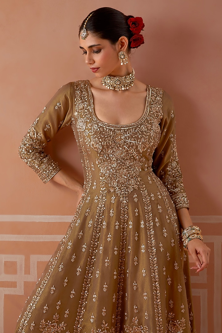 Mouse Brown Tissue Zardosi Embroidered Wedding Anarkali Set by Akilah at Pernia's Pop Up Shop