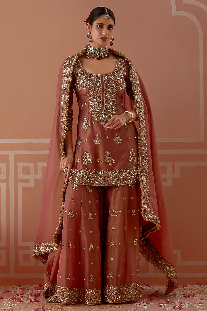 Dusty Rose Tissue Badla & Nakshi Embroidered Gharara Set by Akilah at Pernia's Pop Up Shop