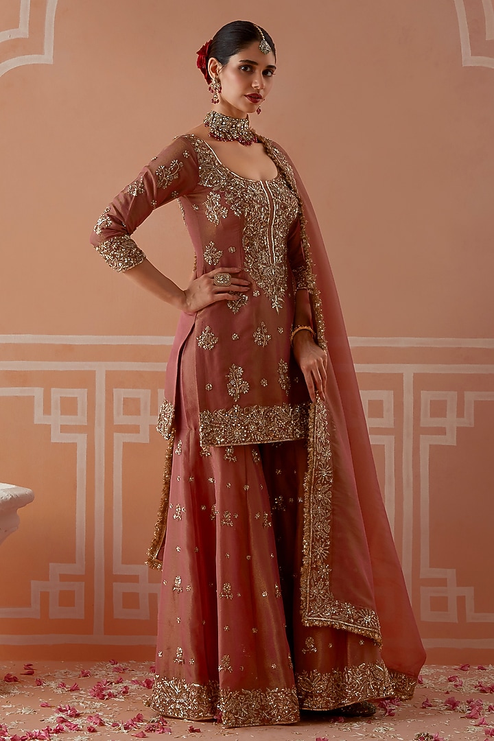 Dusty Rose Tissue Badla & Nakshi Embroidered Gharara Set by Akilah at Pernia's Pop Up Shop
