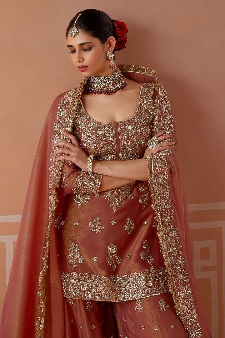 Dusty Rose Tissue Badla & Nakshi Embroidered Gharara Set by Akilah at Pernia's Pop Up Shop