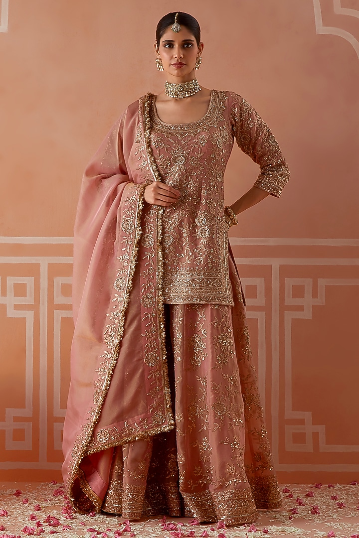 Light Peach Tissue Zardosi Wedding Sharara Set by Akilah at Pernia's Pop Up Shop