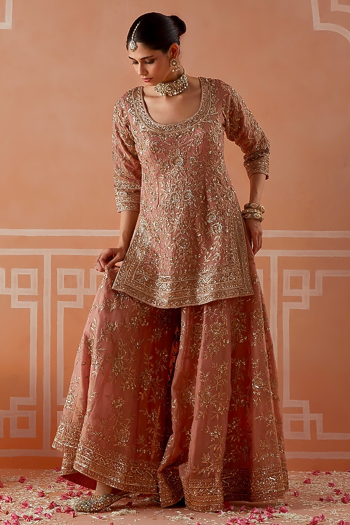 Light Peach Tissue Zardosi Wedding Sharara Set by Akilah at Pernia's Pop Up Shop