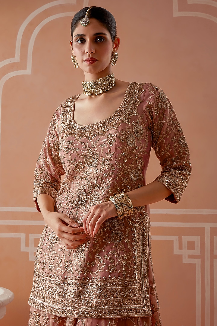 Light Peach Tissue Zardosi Wedding Sharara Set by Akilah at Pernia's Pop Up Shop
