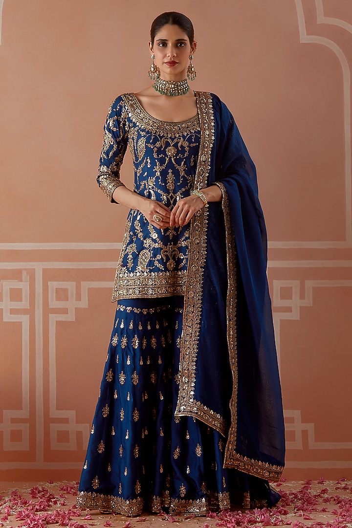 Royal Blue Silk Embroidered Wedding Sharara Set by Akilah at Pernia's Pop Up Shop