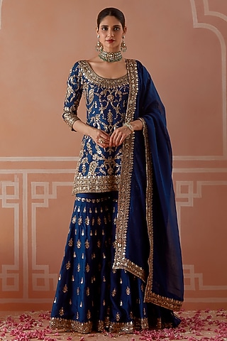Royal Blue Silk Embroidered Sharara Set by Akilah