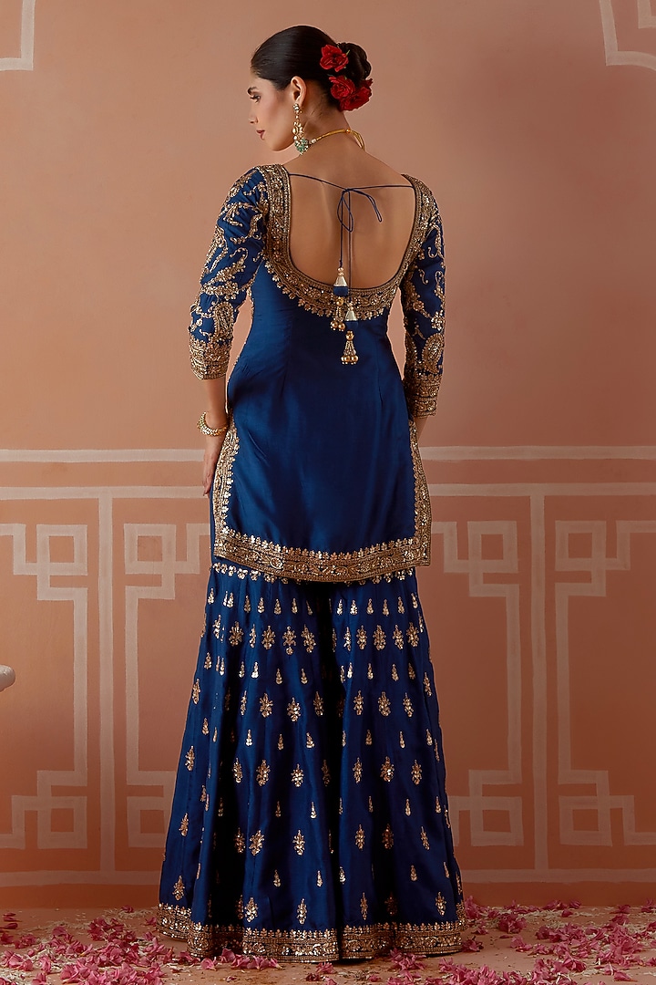 Royal Blue Silk Embroidered Wedding Sharara Set by Akilah at Pernia's Pop Up Shop