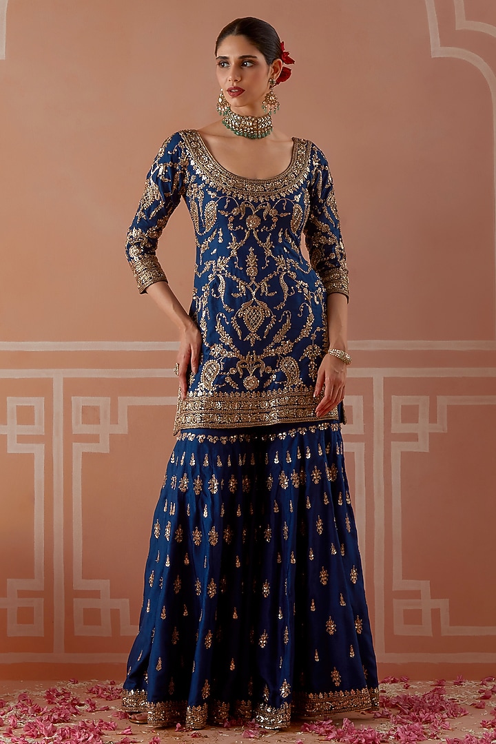 Royal Blue Silk Embroidered Wedding Sharara Set by Akilah at Pernia's Pop Up Shop